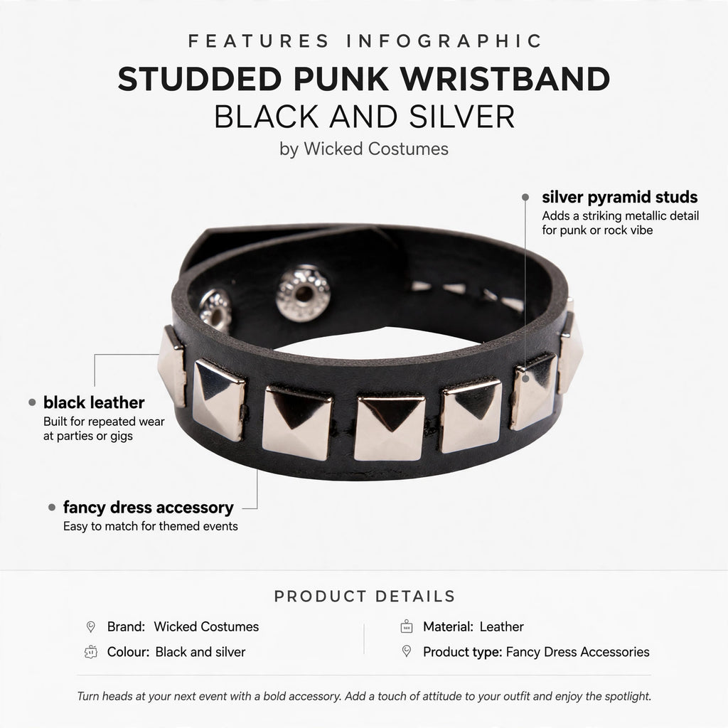 Black leather wristband featuring silver pyramid studs and punk design