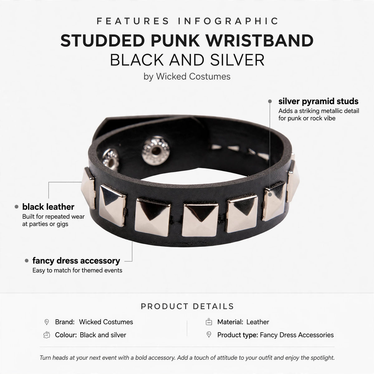 Black leather wristband featuring silver pyramid studs and punk design