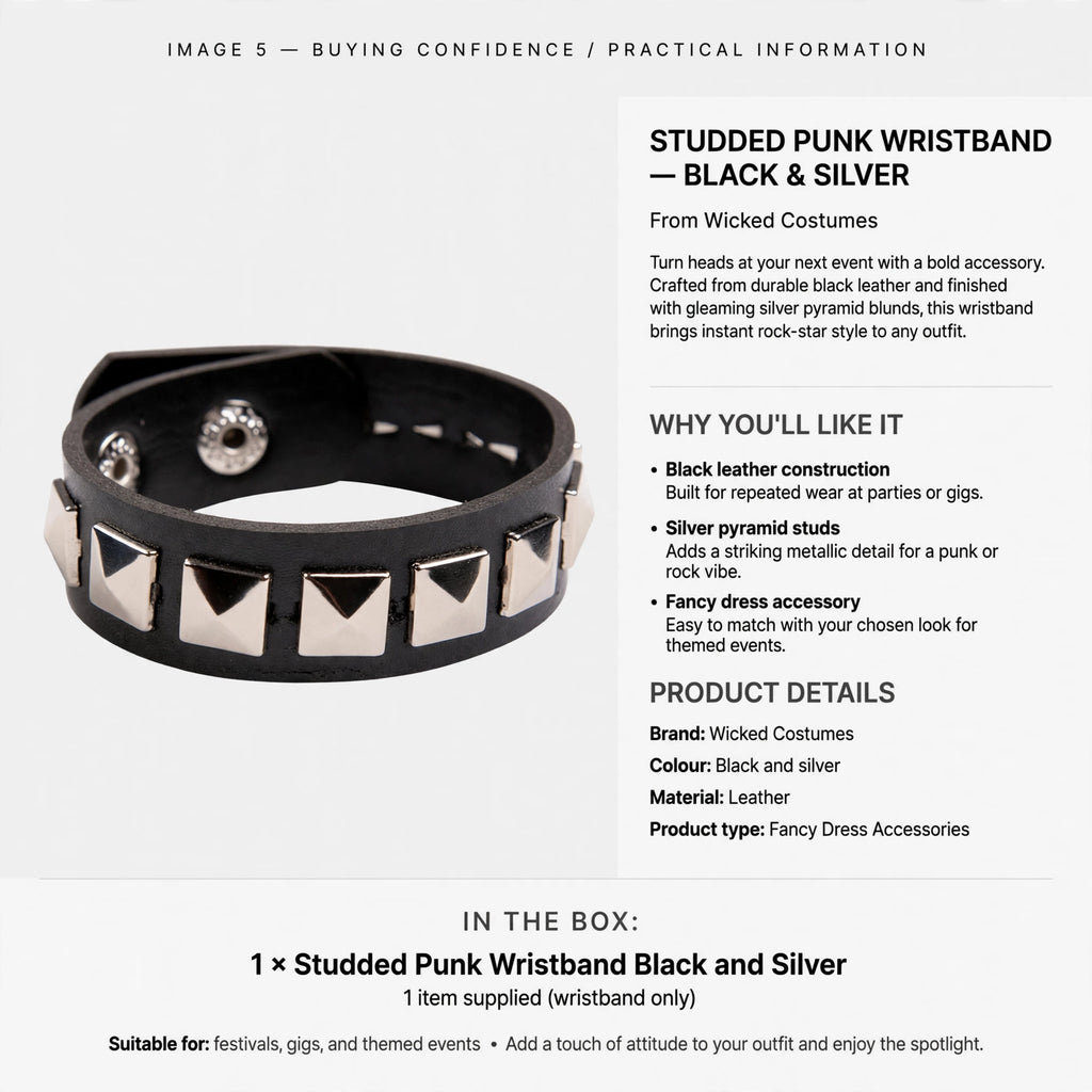 Wristband made of black leather with silver pyramid studs for repeated wear