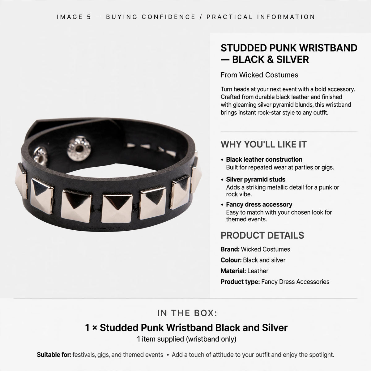 Wristband made of black leather with silver pyramid studs for repeated wear