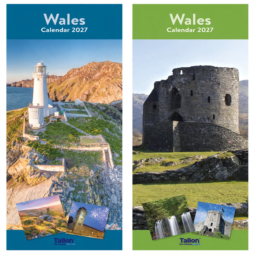 Close-up view of the Super Slim 2027 Calendar Wales showing calendar layout