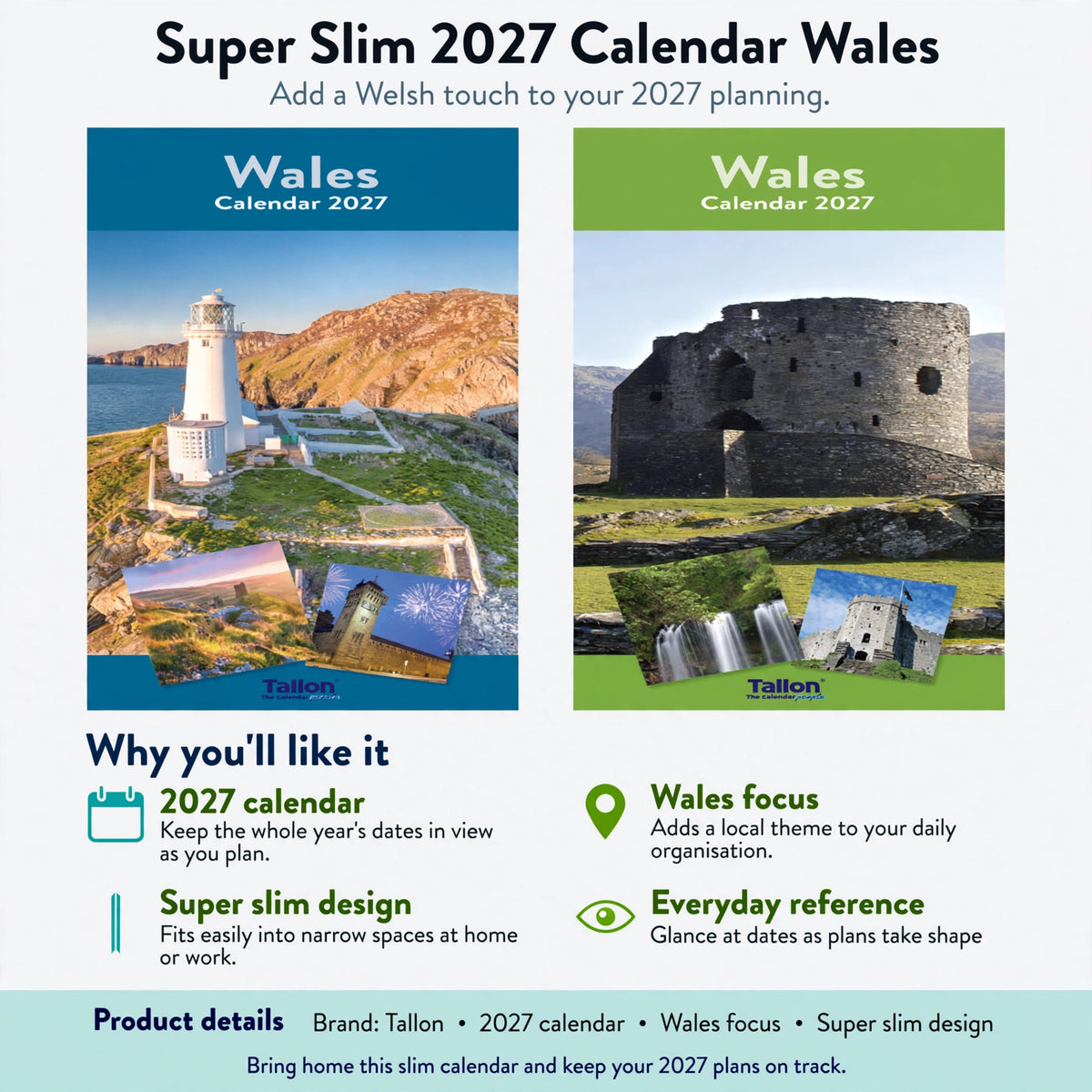 Infographic showing 2027 calendar year, Wales focus, and super slim design features