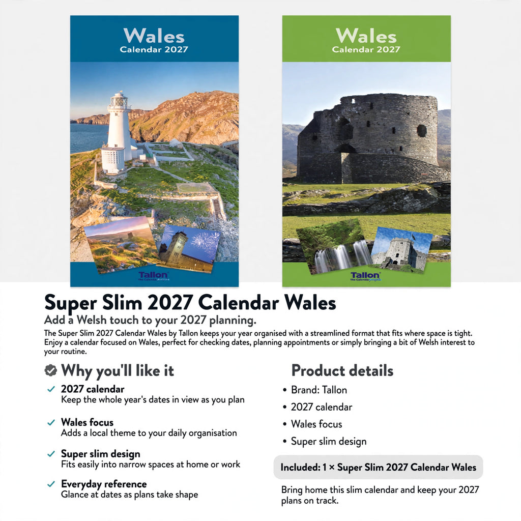 Calendar designed for 2027 with a Wales theme and slim format for narrow spaces