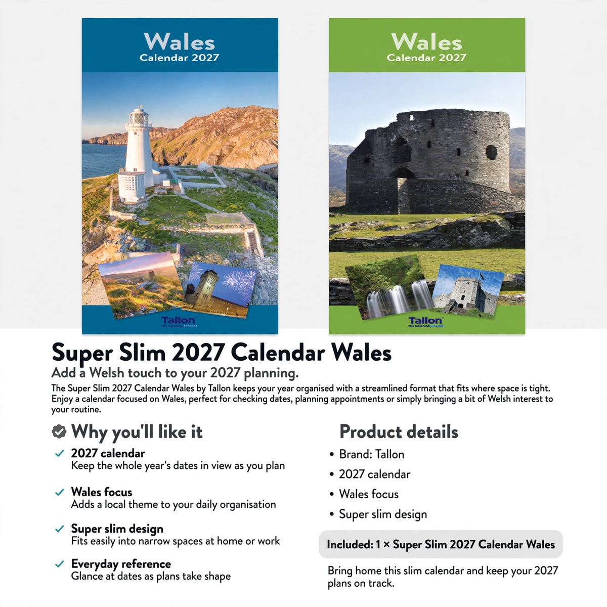 Calendar designed for 2027 with a Wales theme and slim format for narrow spaces