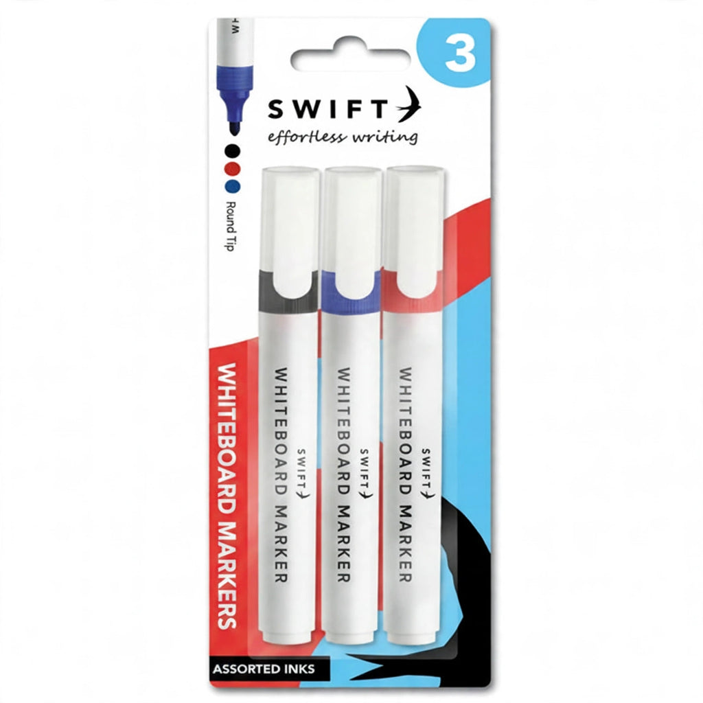 Close-up view of Swift assorted colour whiteboard markers showing broad tips