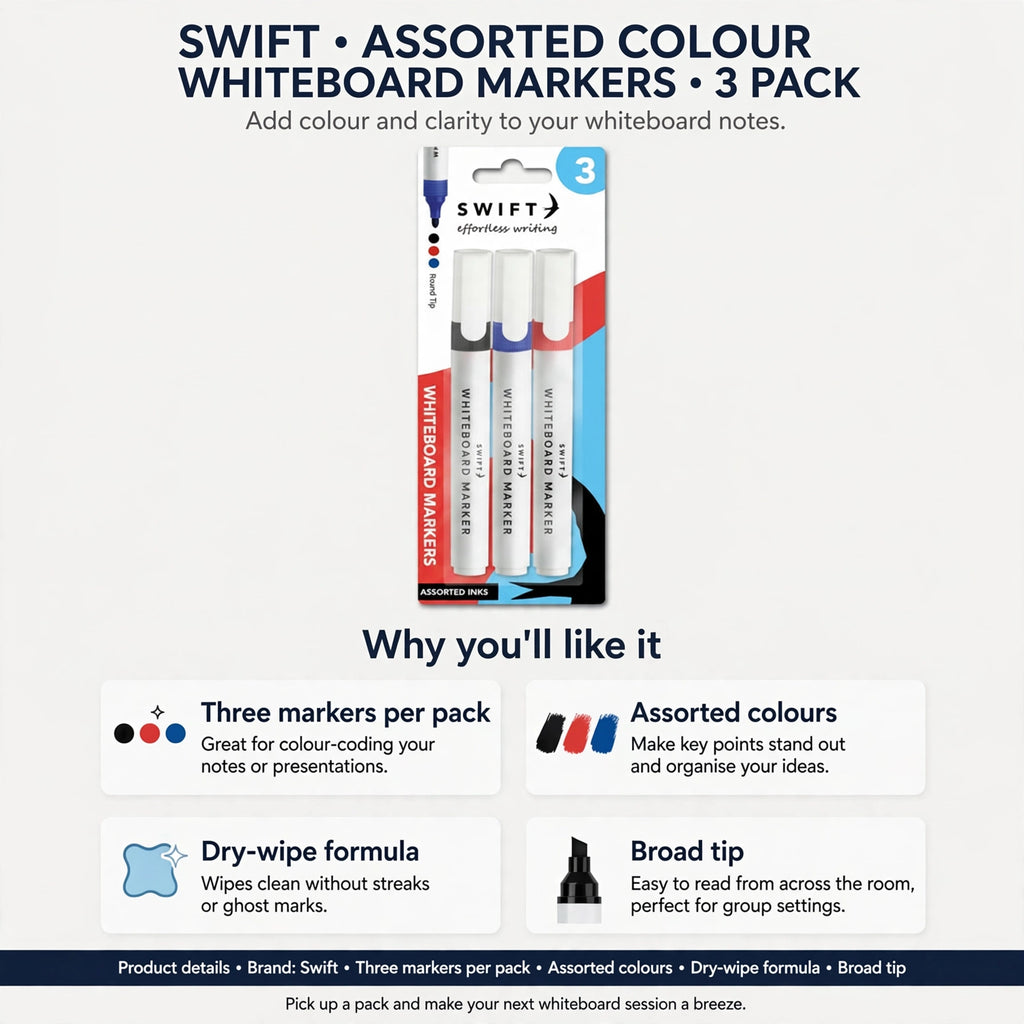 Three markers per pack; assorted colours; dry-wipe formula; broad tip