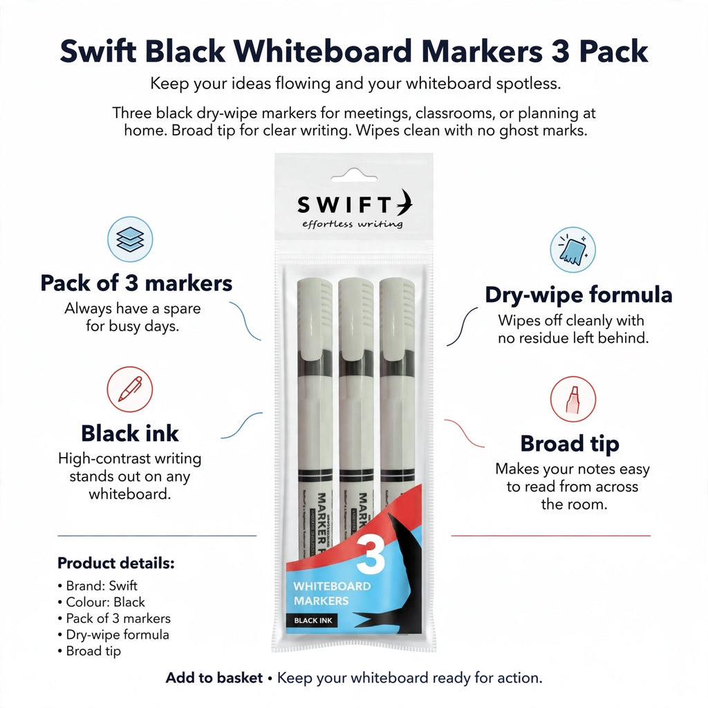 Infographic showing pack of 3 black dry-wipe whiteboard markers with broad tips