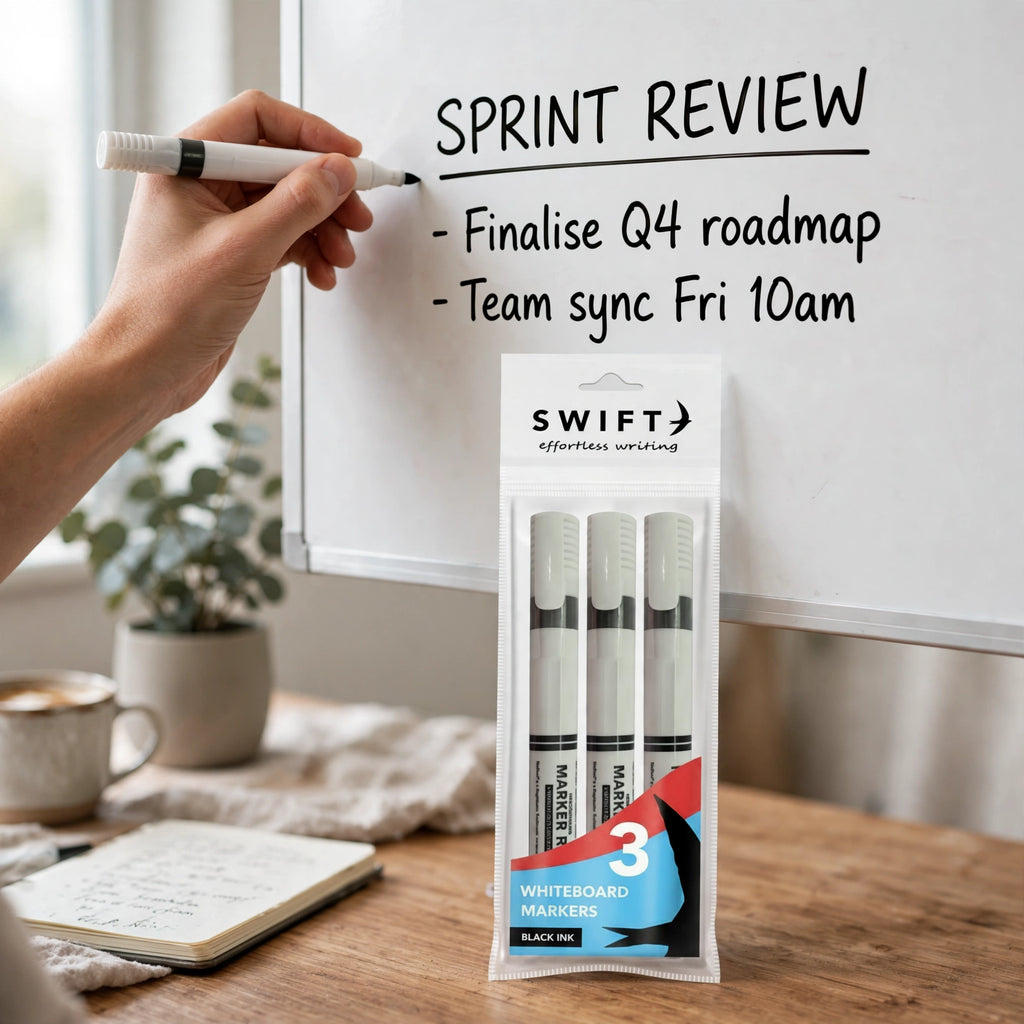 Swift Black Whiteboard Markers used on a whiteboard in a meeting or classroom setting