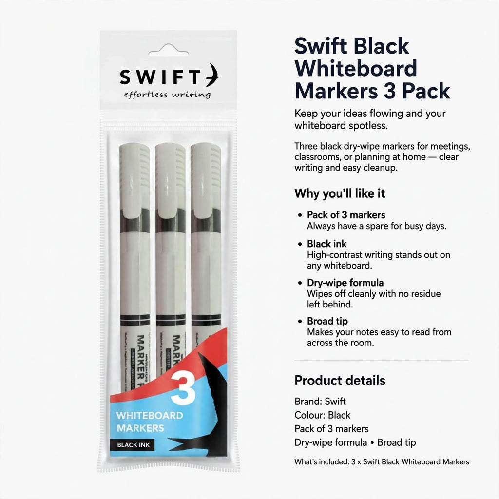 Three black dry-wipe markers with broad tips for clear writing and no ghost marks