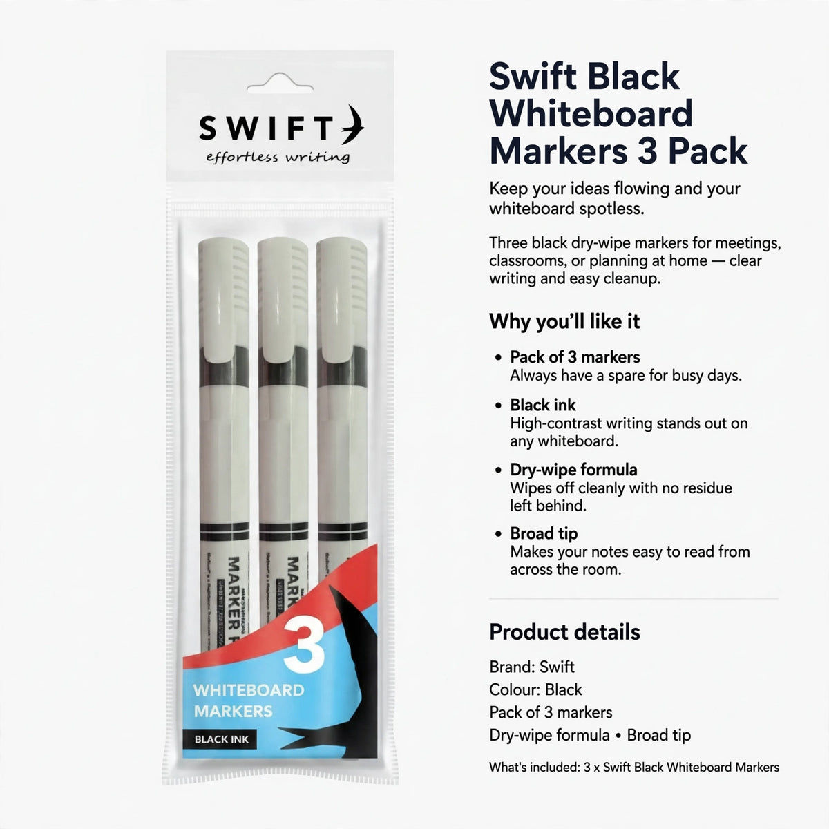 Three black dry-wipe markers with broad tips for clear writing and no ghost marks