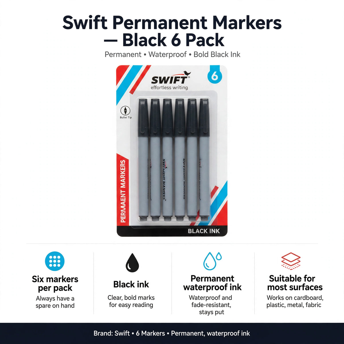 Infographic showing six markers per pack, black permanent waterproof ink, and suitability for most surfaces