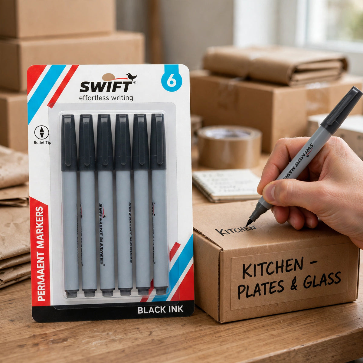 Swift Permanent Markers being used for labelling boxes and arts and crafts