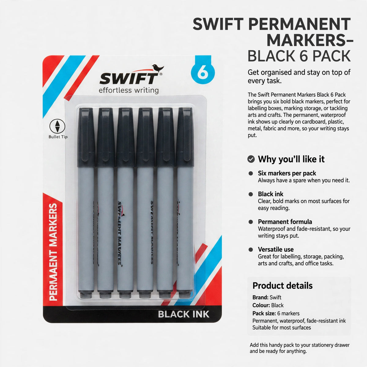 Information about six markers per pack, black permanent waterproof ink, and use on multiple surfaces