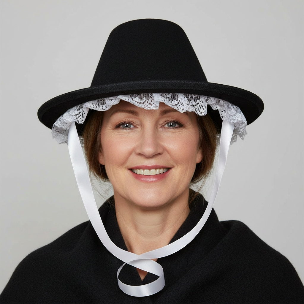 Person wearing a black hat with lace trim and a white face veil on a plain background