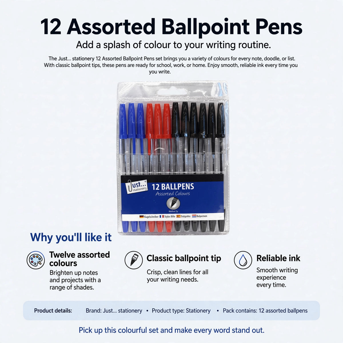 Infographic showing twelve assorted colours, classic ballpoint tip, and reliable ink features of Tallon pens