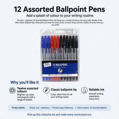 Infographic showing twelve assorted colours, classic ballpoint tip, and reliable ink features of Tallon pens