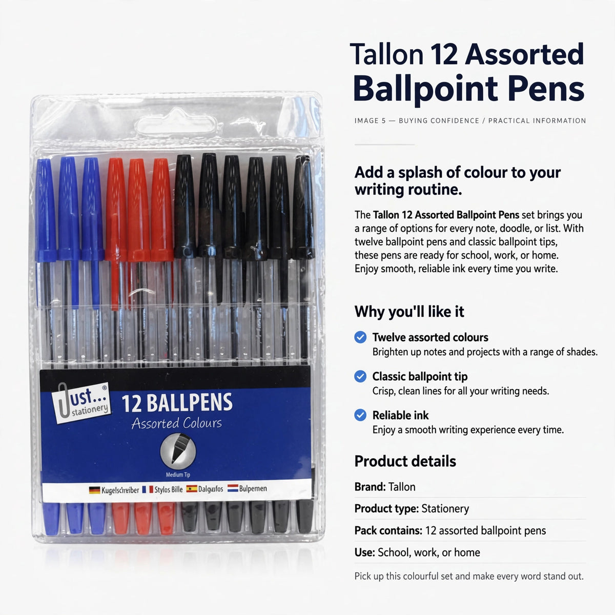Tallon 12 Assorted Ballpoint Pens pack containing twelve pens with assorted colours and ballpoint tips