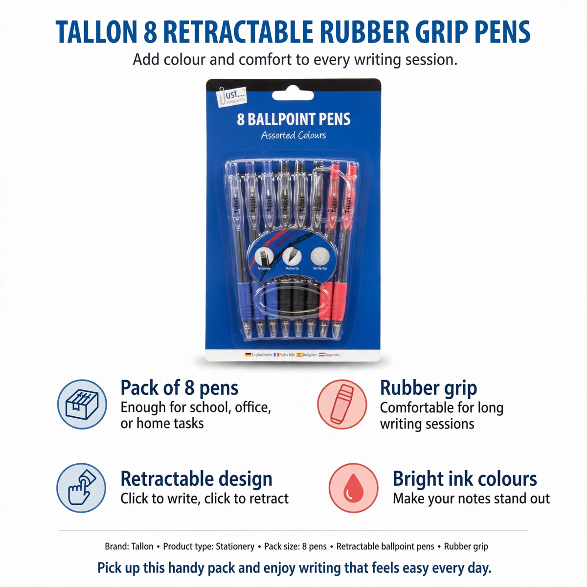 Infographic showing pack of 8 pens, retractable design, rubber grip, and bright ink colours