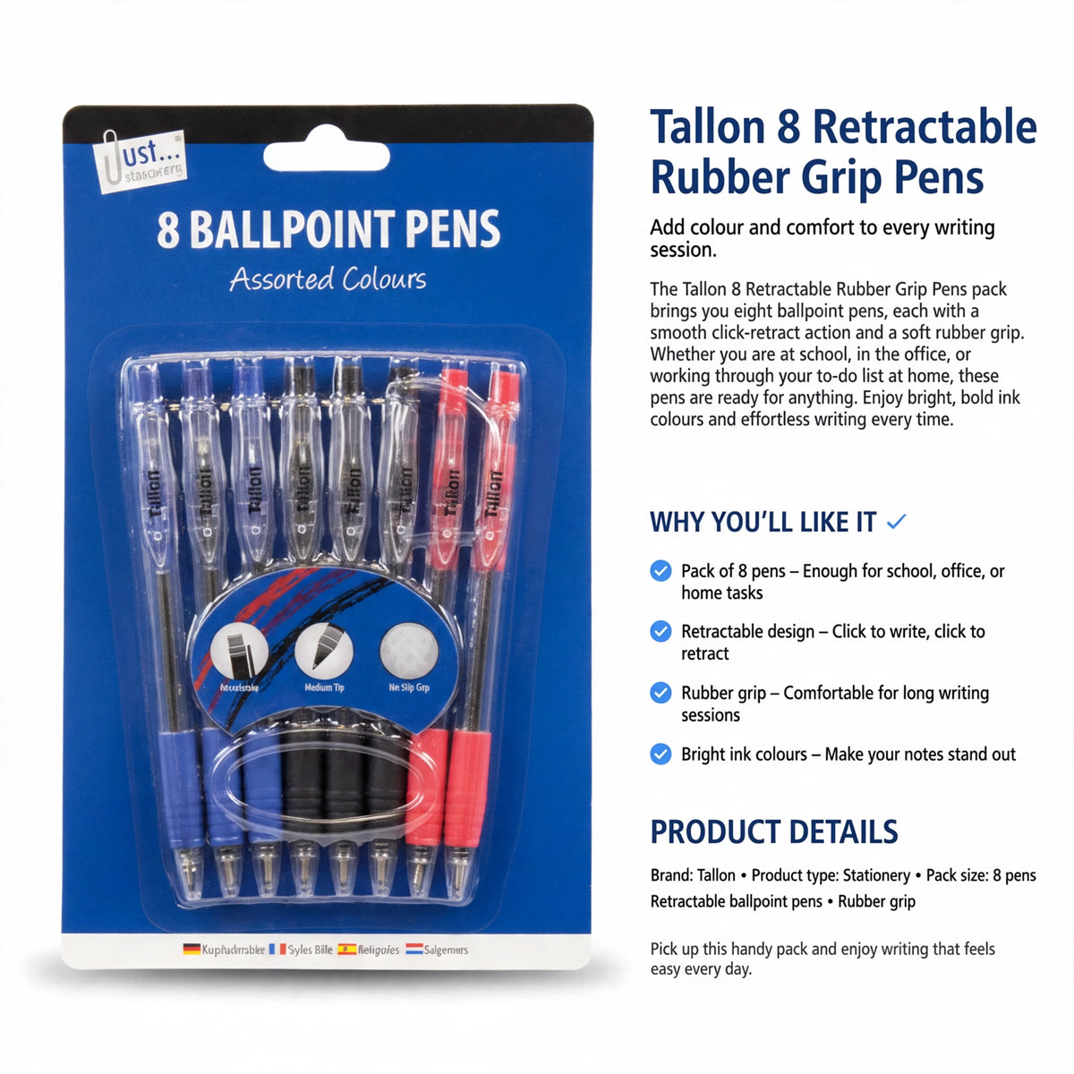 Pack of 8 pens with retractable ballpoint and rubber grip for writing