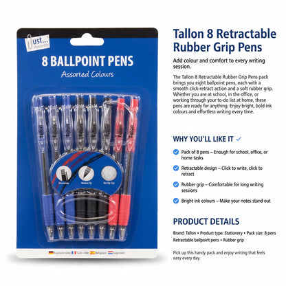 Pack of 8 pens with retractable ballpoint and rubber grip for writing