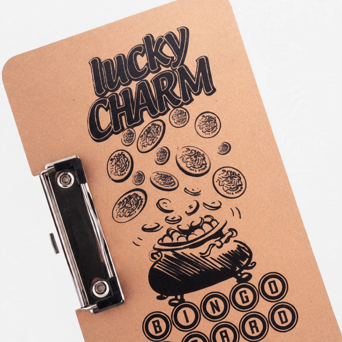 Close-up of Tallon Lucky Charm Bingo Board showing chrome side clip and Lucky Charm print