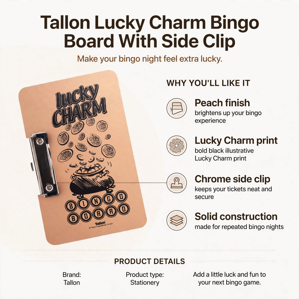 Bingo board features peach finish, Lucky Charm print, chrome side clip, and solid construction