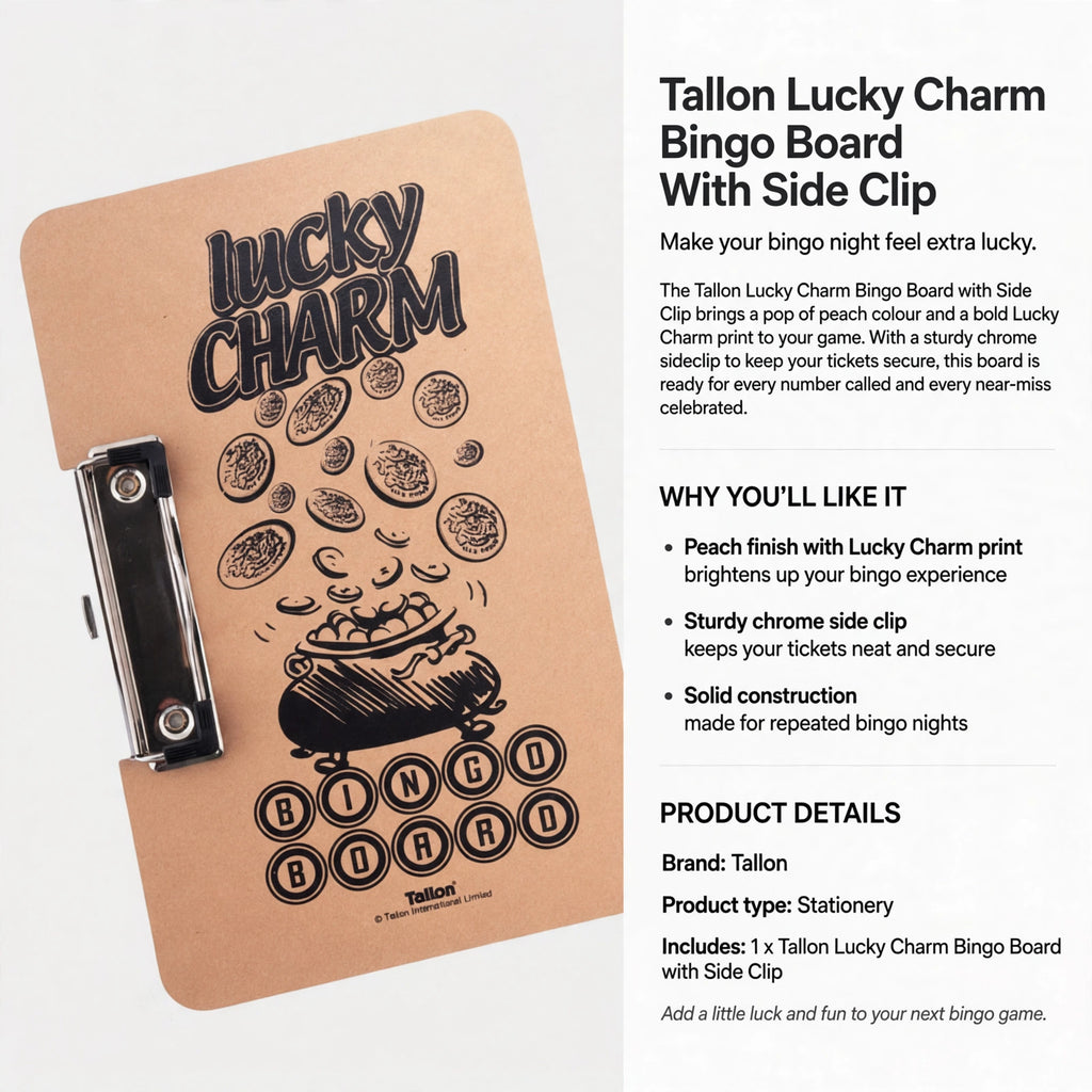 Bingo board with sturdy chrome side clip to keep tickets secure during bingo sessions