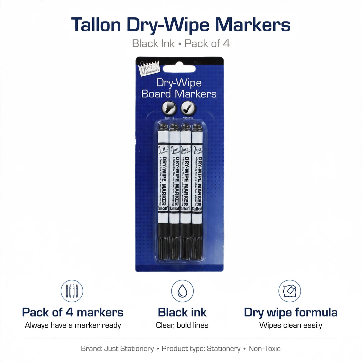 Features pack of 4 markers, black ink, and dry wipe formula