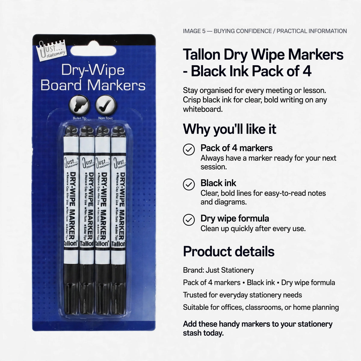 Pack of 4 markers with dry wipe formula for easy cleaning