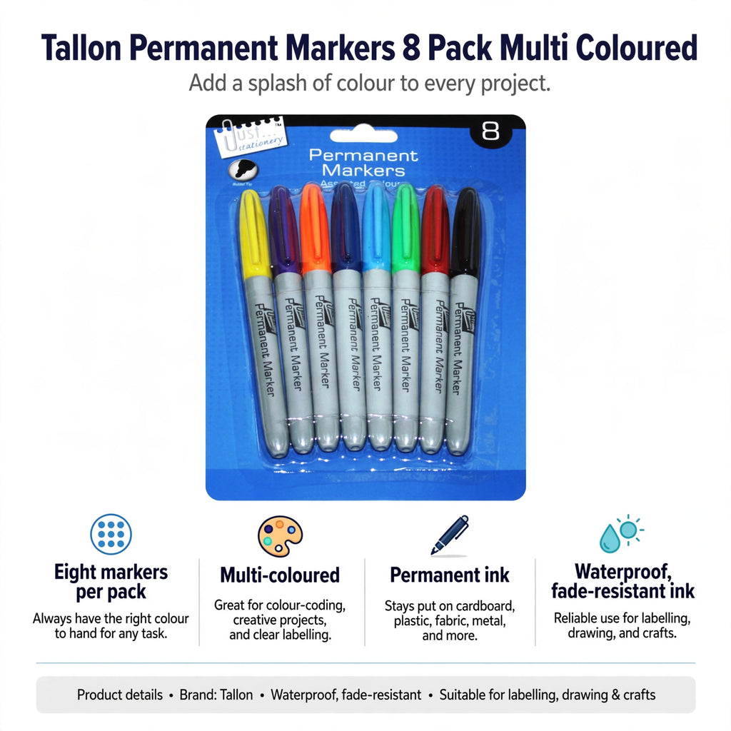 Features of Tallon Permanent Markers including eight markers, multi-coloured, permanent waterproof fade-resistant ink