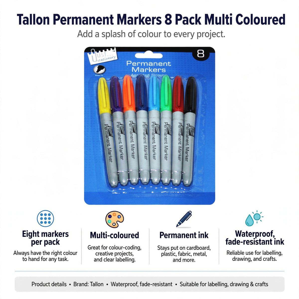 Features of Tallon Permanent Markers including eight markers, multi-coloured, permanent waterproof fade-resistant ink