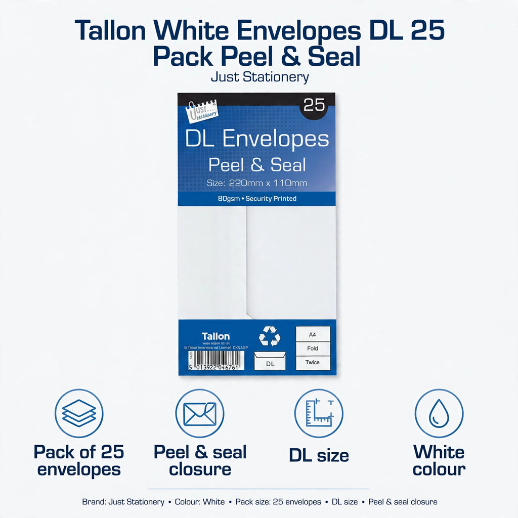 Features pack of 25 envelopes, DL size, peel and seal closure, white colour