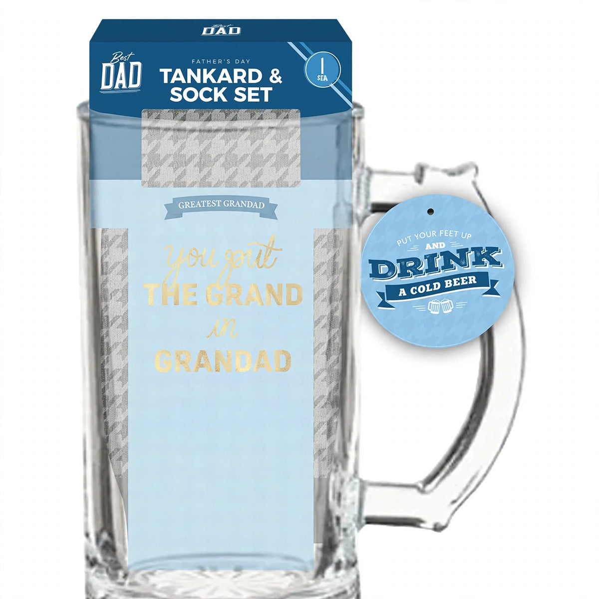 Close-up view of metal tankard and Grandad-themed socks in gift set