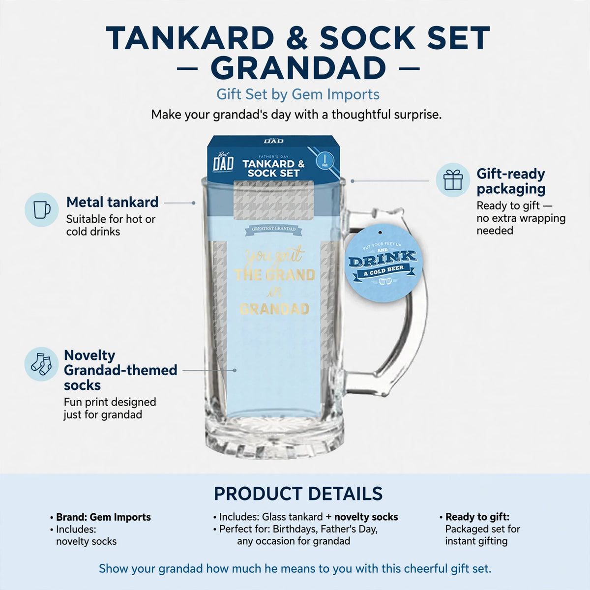 Features metal tankard, novelty Grandad-themed socks, and gift-ready packaging