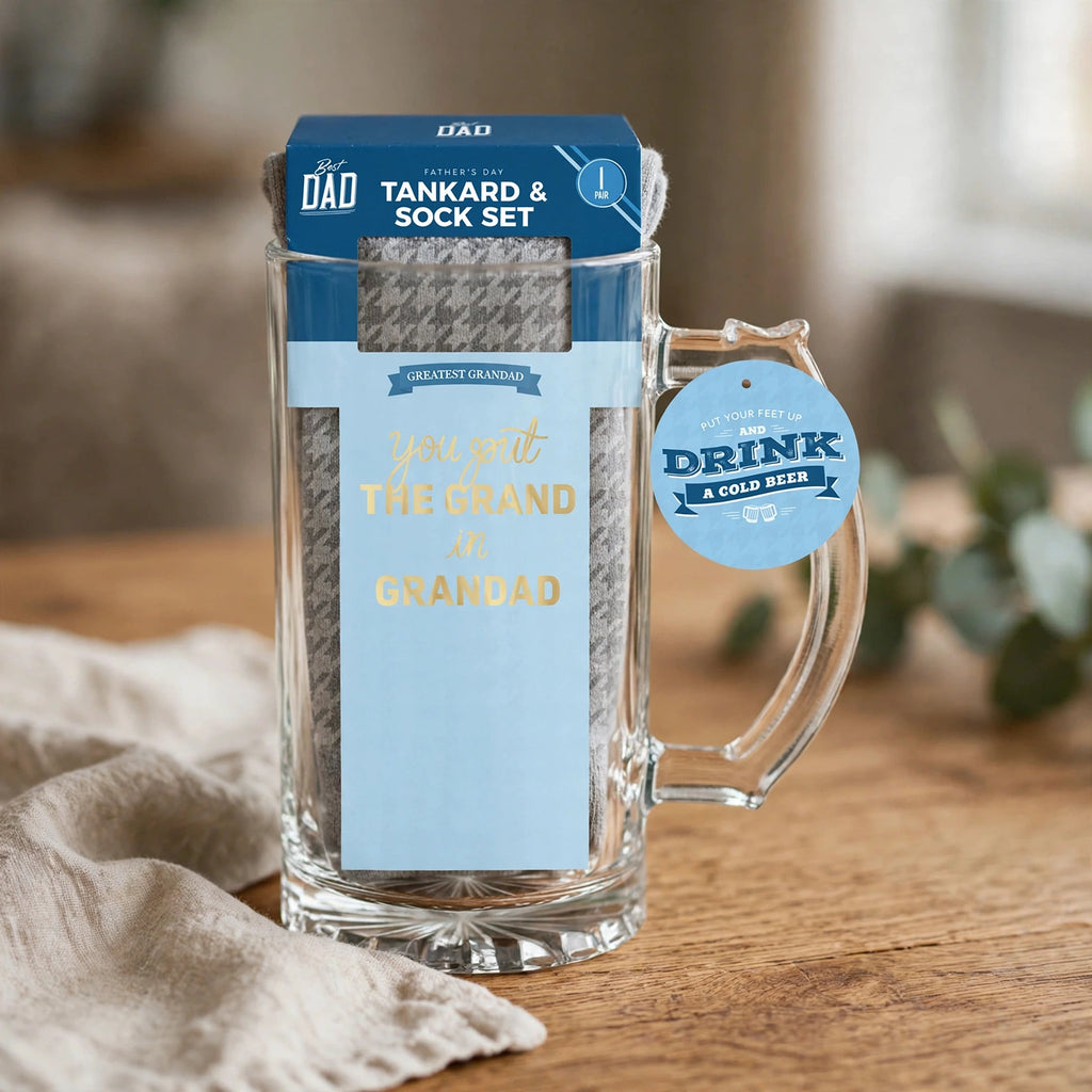 Grandad-themed tankard and socks gift set displayed as a present