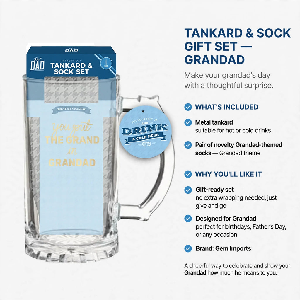 Gift set includes metal tankard suitable for hot or cold drinks and novelty socks with Grandad print