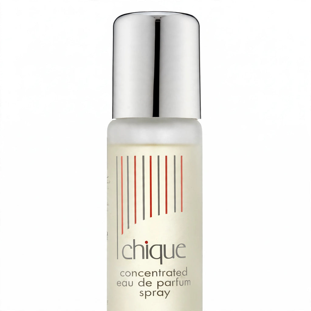 Close-up of Taylor Of London Chique 50ml EDT spray bottle with red-stripe branding