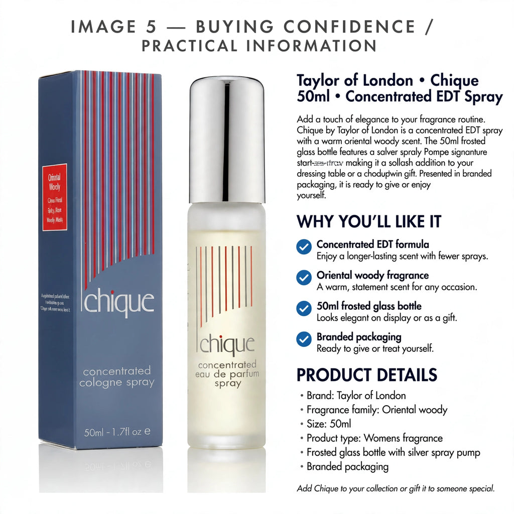 Taylor Of London Chique EDT spray presented in branded packaging ready for gifting
