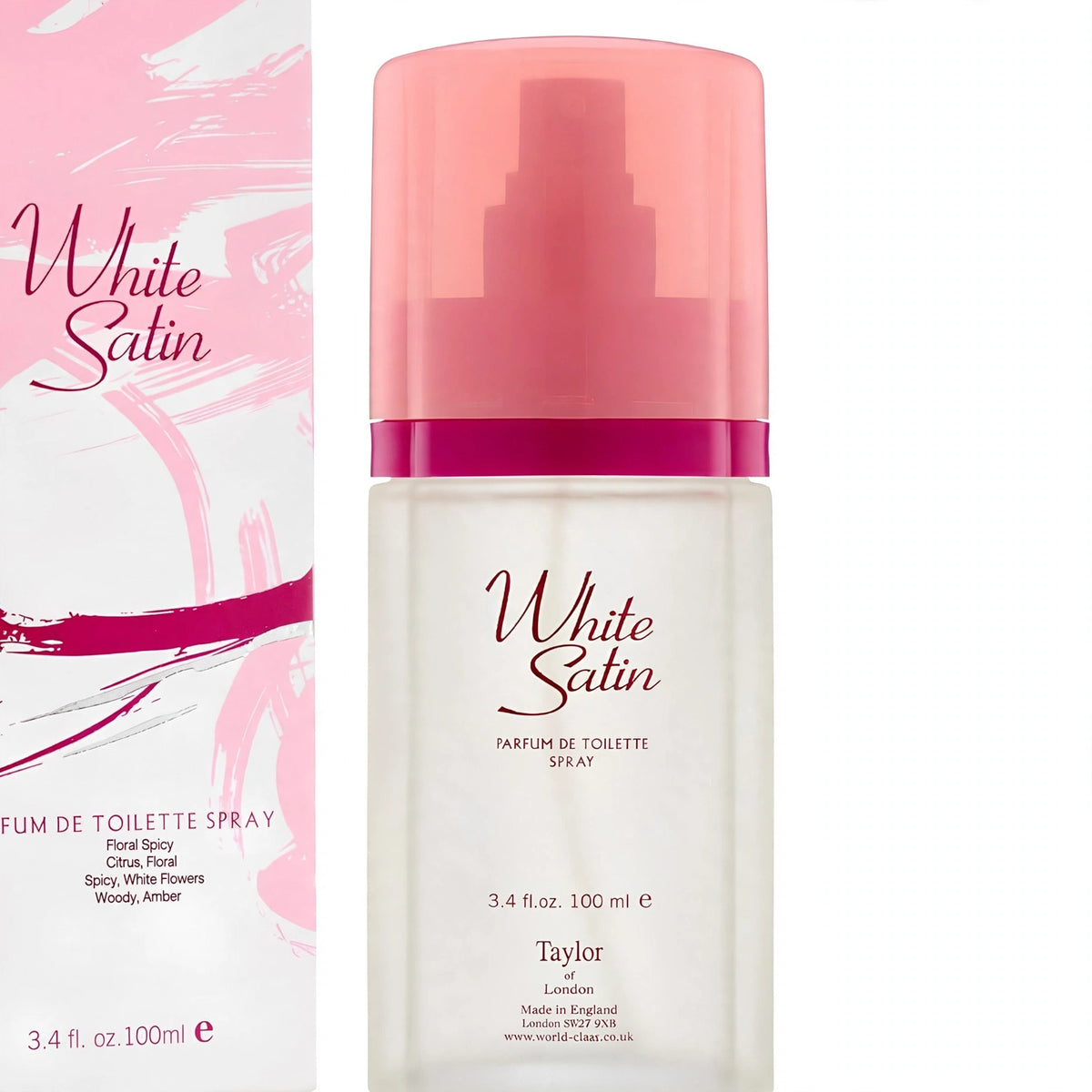 Close-up of White Satin EDT Spray 100ml bottle and white and pink brushstroke gift box