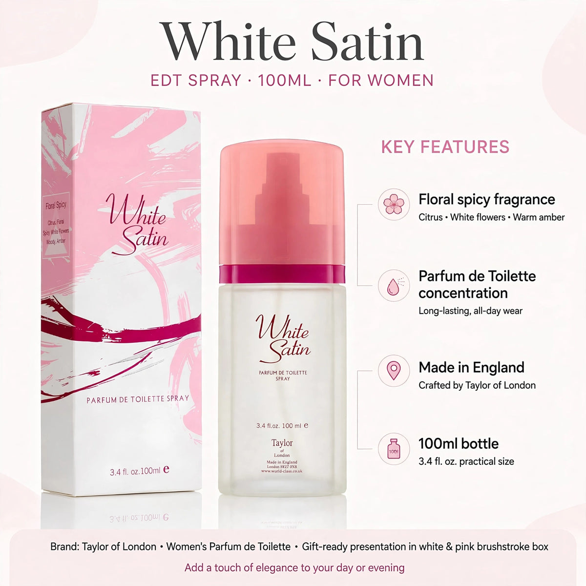 Infographic showing floral spicy fragrance with citrus, white flowers, and woody amber notes