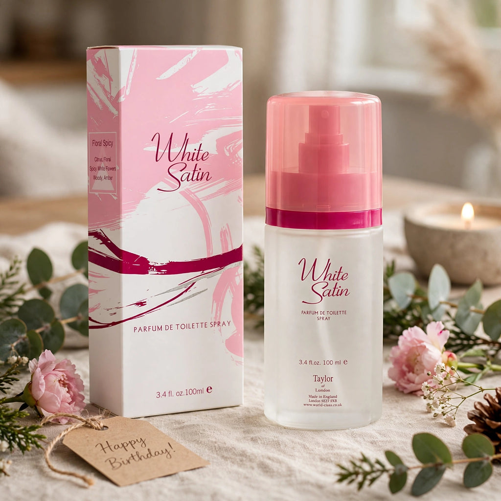 White Satin EDT Spray displayed in white and pink brushstroke gift box suitable for gifting occasions