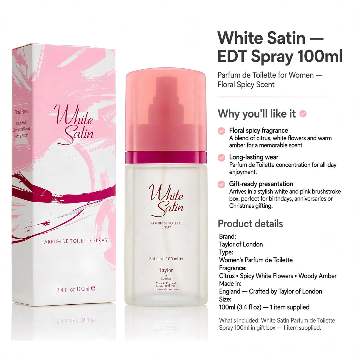 White Satin EDT Spray with long-lasting Parfum de Toilette concentration and gift-ready packaging