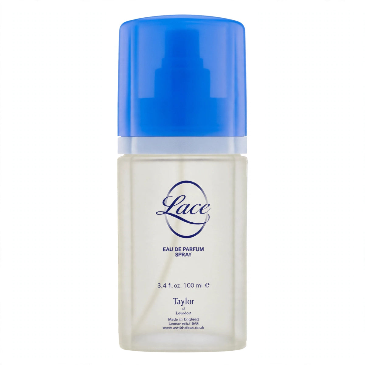 Close-up of Lace EDP Spray 100ml bottle showing white floral scroll gift box and royal blue cap