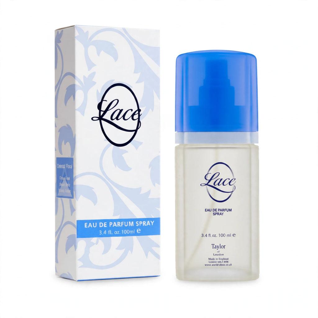 Lace EDP Spray 100ml by Taylor of London in white floral scroll gift box with royal blue cap