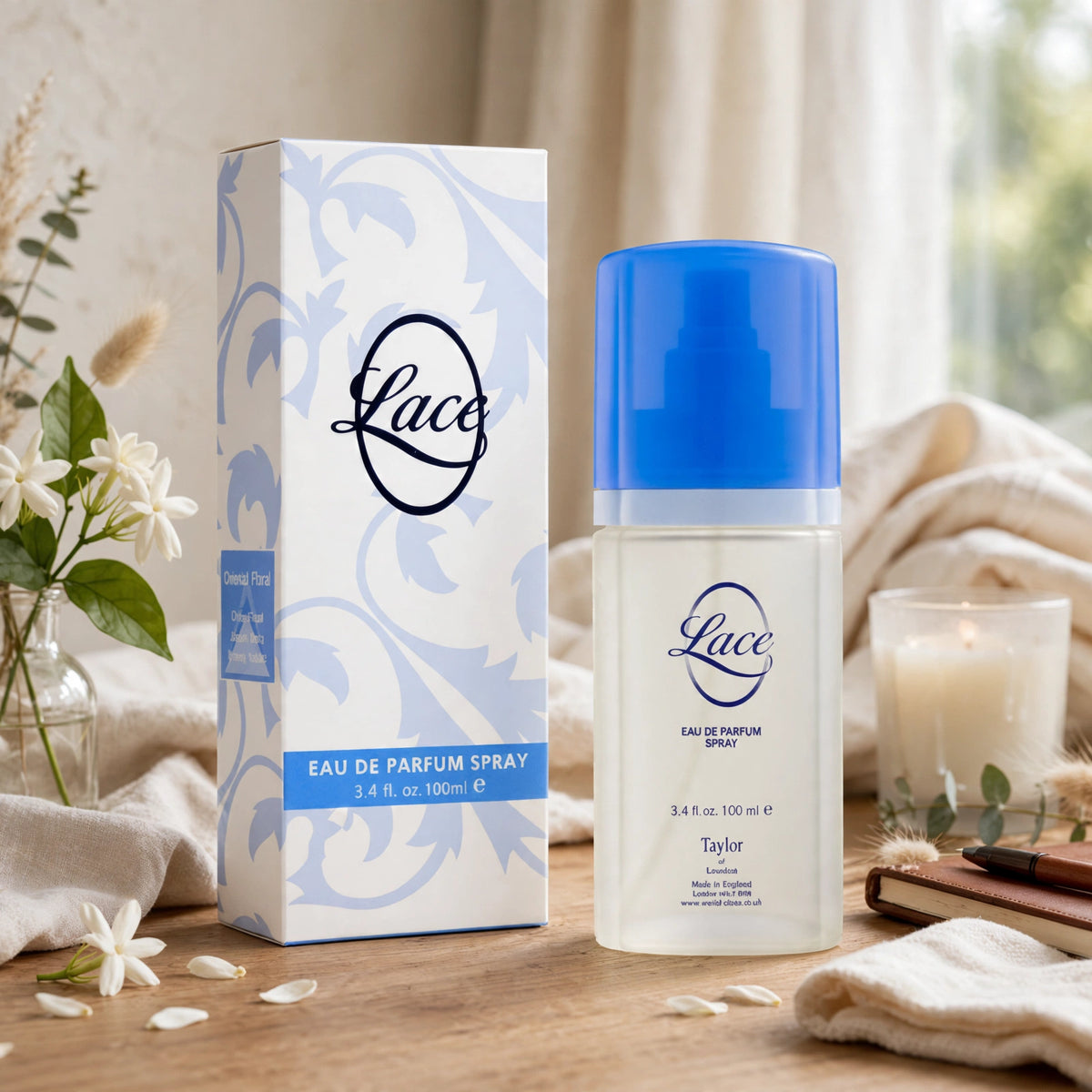 Lace EDP Spray 100ml by Taylor of London displayed in white floral scroll gift box with royal blue cap