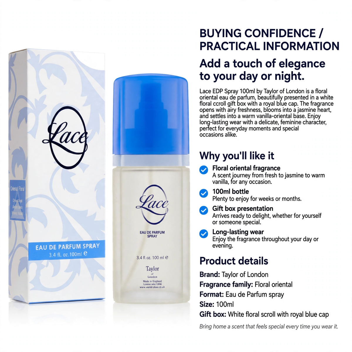 Long-lasting floral oriental fragrance in 100ml Eau de Parfum spray with gift box presentation