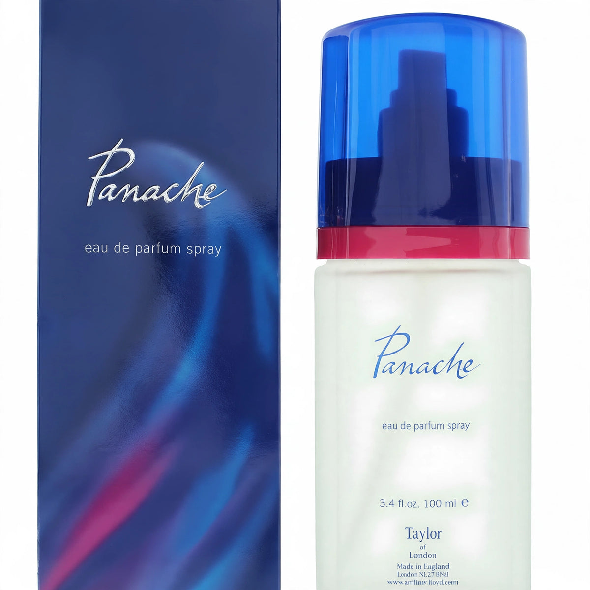 Close-up: Close-up of Panache 100ml perfume bottle and box, showing the blue cap, red band and Taylor of London label.
