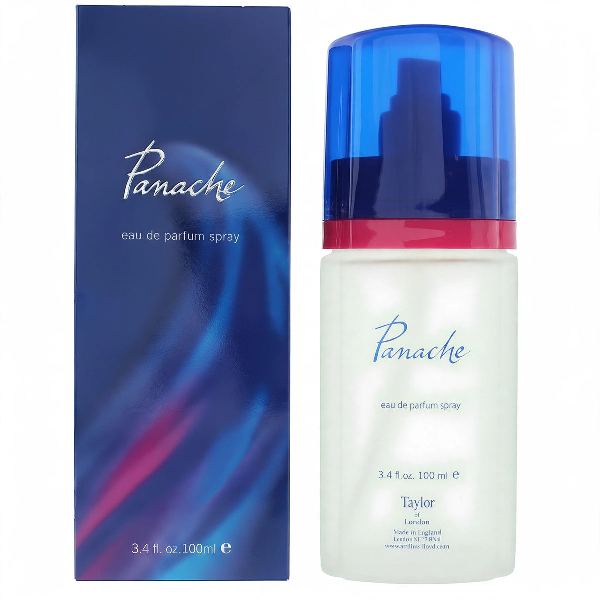 Hero: Taylor of London Panache 100ml eau de parfum bottle with blue cap beside its matching blue box.