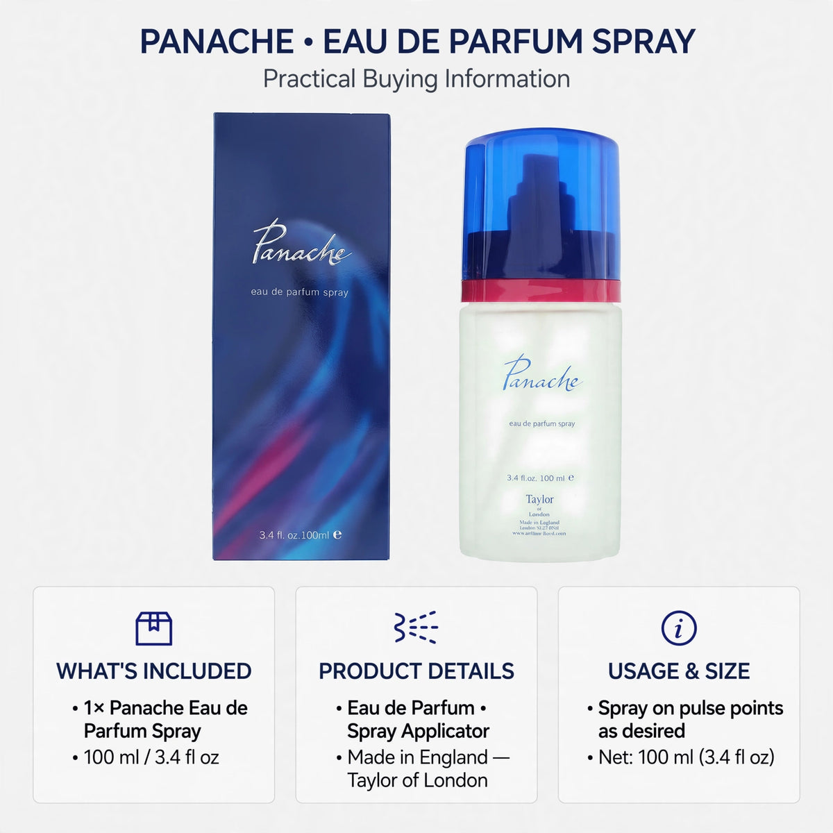 Buying guide: Panache buying guide showing one 100ml eau de parfum spray, made in England, with pulse-point usage instructions.