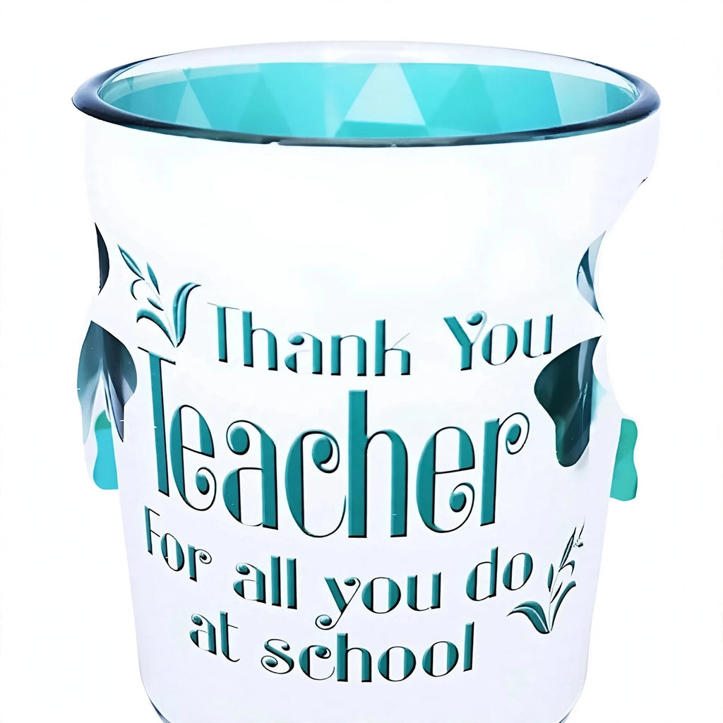 Close-up of Light Sentiments candle holder with teacher appreciation printed sentiment